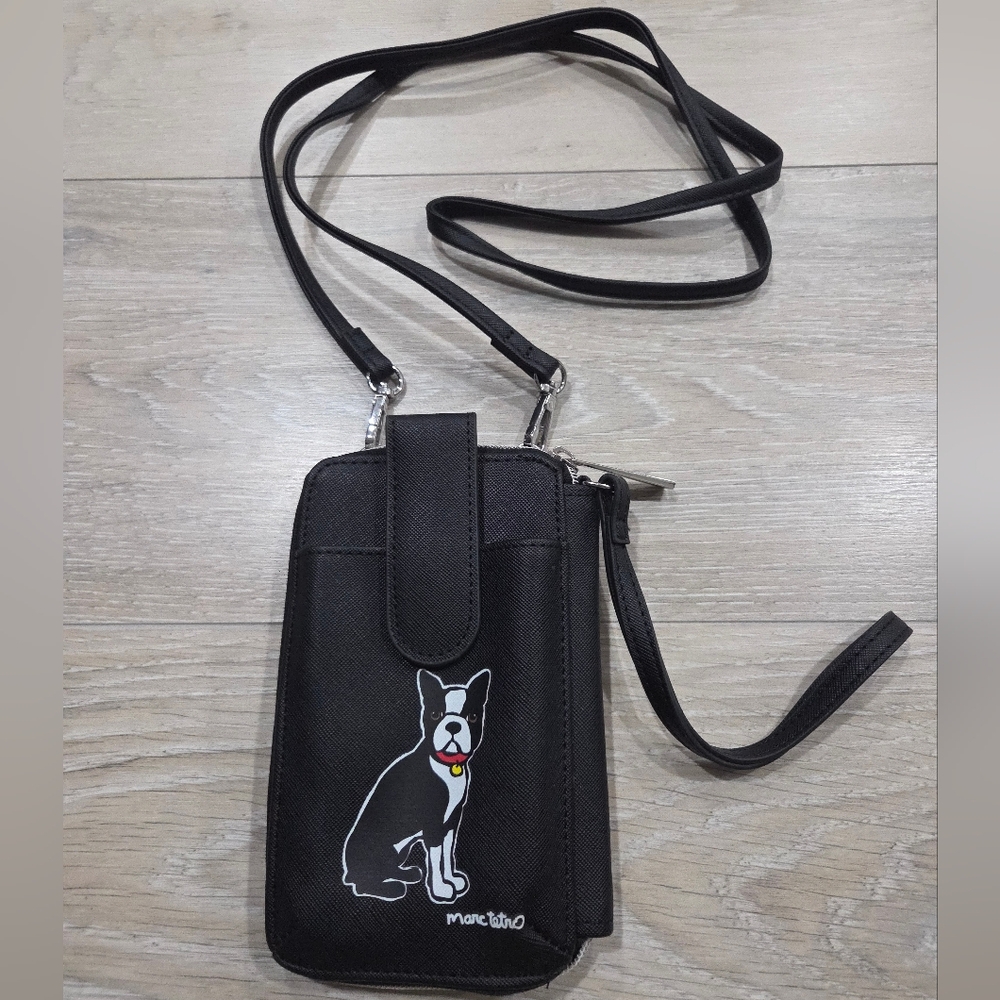 Marc Tetro Black Boston Terrier Dog Crossbody / Wristlet Zip Around Wallet Purse